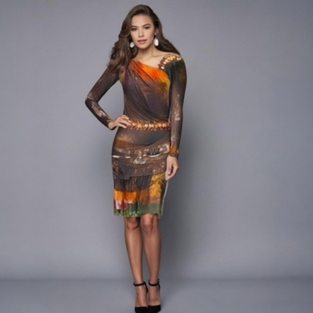 Maria Grazia Severi Brown Multicolor Midi Dress IT 42 US 6 Long Sleeve VG